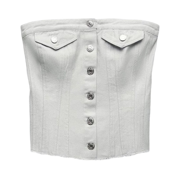 ZARA Women’s Strapless Button Front Corset Style Denim CroppedTop Sz:S SilverNWT - Picture 5 of 16